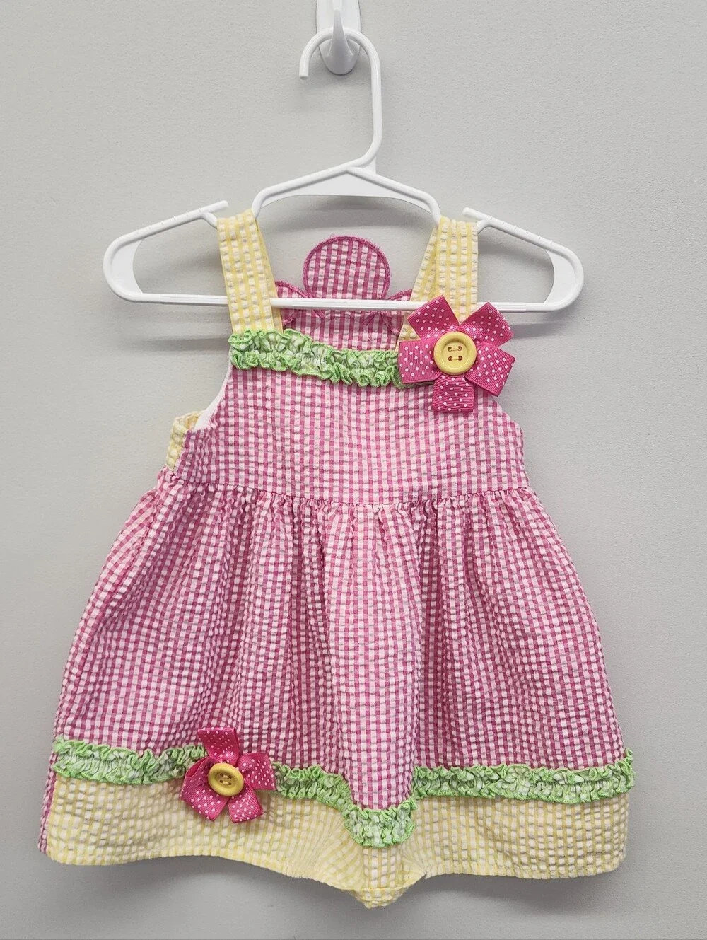 Bonnie Baby 12M Pink Yellow Gingham Seersucker Flower Sundress